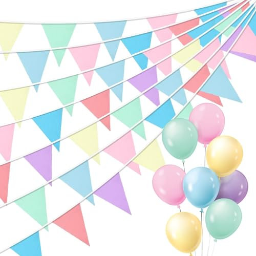 Orifinter 45.9ft Pastel Bunting, Easter Decorations, 46pcs Bunting Banner, Pastel Easter Bunting Decorations, Pastel Cotton Fabric Bunting for Baby Shower, Birthday