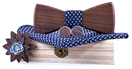 HZQIFEI Noeud Papillon Bois, Ensemble 4 Pièces Noeud Papillon en Bois + Carré de Poche + Broche en Bois à Fleurs + Boutons de manchette en Bois, Taille Réglable (C2, 4PCS)