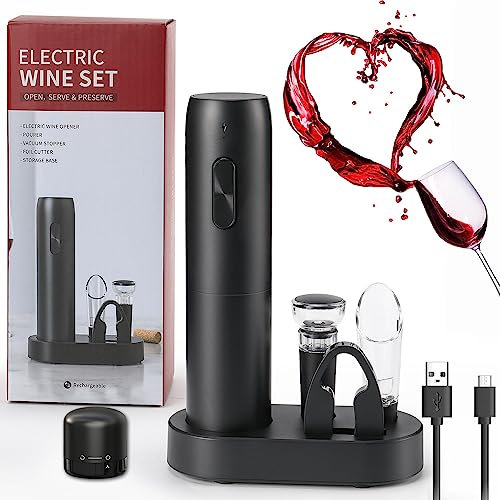 ZOYIDOUX Cavatappi elettrico per vino ricaricabile 7 in 1 set regalo,Apribottiglie elettrici con Base di Ricarica,Versatore,Tappo in silicone per vuoto,Tagliapasta stagnola,Tappo per vino, Linea USB