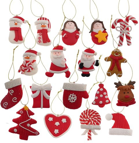 Hvfun Weihnachtsbaumschmuck-Set – 18 einzigartige Feiertags-Ornamente, Tonmaterial, charmantes Weihnachts-Set in Rot und Weiß, festliches Hängeornament-Set