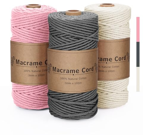 VORHOT Hilo Macrame 3mm Rosa Gris Beige, Juego de 3 Cuerdas, Cordon Natural, Cordón de Algodón para Tapices, Manualidades Bricolaje, Hogar Decoración Bohemia, 3x100M