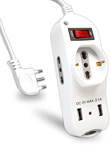 V-TAC Multipresa Elettrica 3 Posti + 2 USB e Interruttore - 2 Prese Laterali 10/16A Bipasso e una Frontale 10/16A Bipasso Schuko + 2 Porte USB - Ciabatta - Presa per Casa, Ufficio,Spina 16A - Bianco