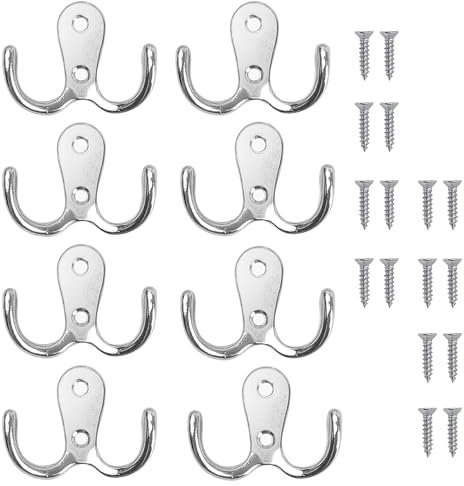 8 PCS Double Prong Robe Hooks, Dual Coat Door Hooks with 16 PCS Screws, Chrome Wall Mounted Hooks, Metal Retro Cloth Hanger, Heavy Duty Metal Door Hooks Screw for Hanging Hat Tie Clothes Towel(Silver)