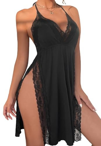 MIZSPISE Damen Sexy Nachthemd Spitze Ärmellos Chemise Nachtwäsche Negligee Babydoll Frauen Nachtkleid V-Ausschnitt Dessous (Schwarz, M)