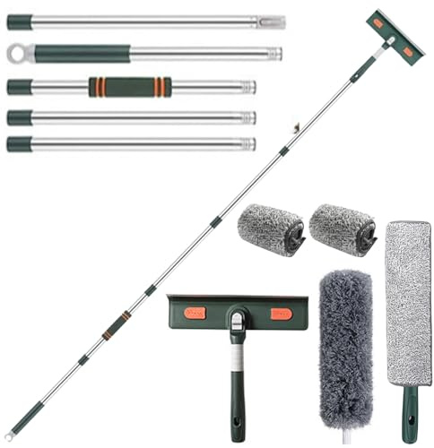 3 in 1 Fensterwischer mit teleskopstiel, 72cm-207cm 180 Profi Fensterputzer Set mit 2 Mikrofaserpads Staubwedel und Verlängerungsstange für Hohe Fenster im Innen und Außen Dusche Glas