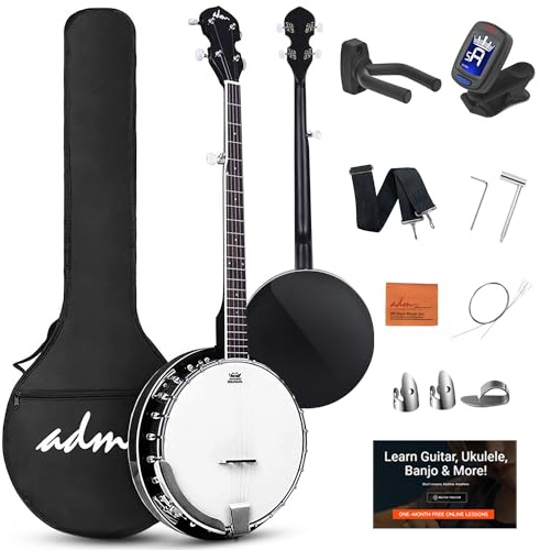 ADM 5 String Beginner Banjo Kit with Remo Head, Closed Back Full Size Banjos in 24 Bracket with Free Lessons & Starter Accessories for Adult and Teenager,black