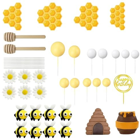Harilla 35pcs Bee Cake Topper, Honey -Jar Cake -Topper, Temas Creativos de Abejas de Miel para La Celebración de La Fiesta del Bebé