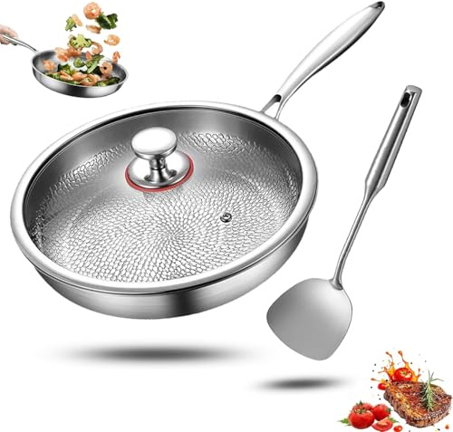 Generisch Stekpanna i titan med spatel, hamrad non-stick stekpanna för matlagning, obelagd titanpanna, induktionspanna för kök och camping (med lock, 28 cm)