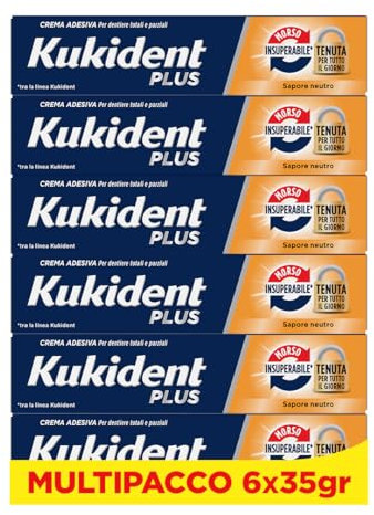 Kukident Plus Morso Insuperabile Crema Adesiva Per Protesi Dentali Totali e Parziali, Sapore Neutro. Confezione da 6x35g