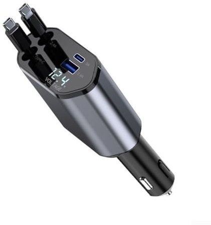 Chargeur de voiture rapide 120 W avec deux câbles rétractables, sortie de type C pour une charge efficace dans n'importe quel véhicule
