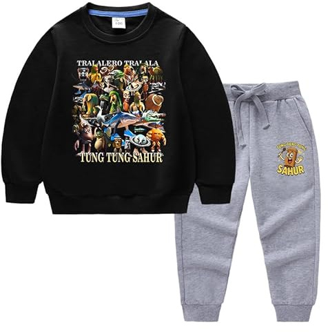 MissFox Survetement Italian Brainrot Enfant, Ensemble Jogging avec Hoodie et Pantalon Streetwear, Style Tung Tung Tung Sahur, Survêtement Mode pour Filles et Garçons