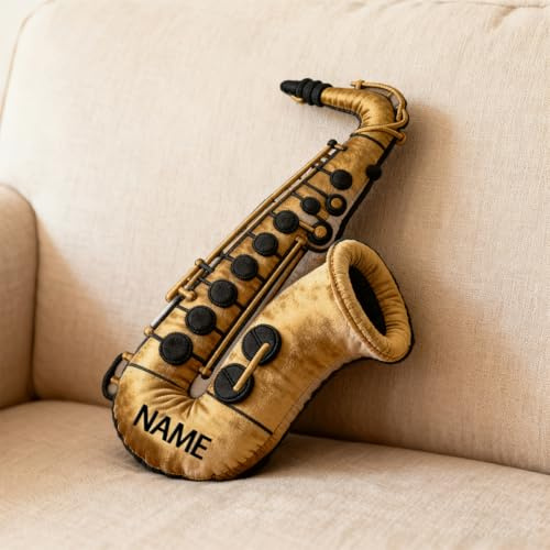SweetJECCU Cuscino personalizzato a tema sassofono, cuscino a forma di sassofono con nome personalizzato, cuscini decorativi in peluche musicale, regali di Natale e compleanno per gli amanti della