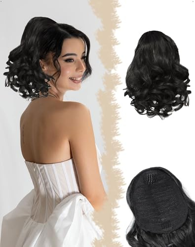 SanKristo 23 cm Coda Capelli Extension con Coulisse, corte ondulate naturali a coda di cavallo sintetiche clip a pettine Ricci Mossi finta Ponytail posticci parrucche accessori per donne, Nero