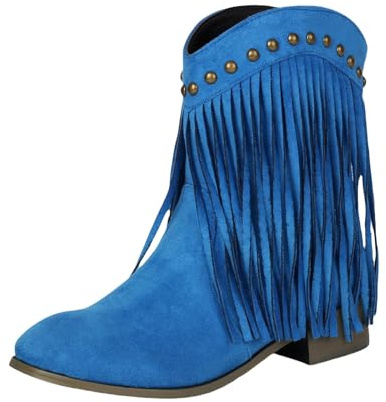 Generiska västerländska stövlar dam cowgirl cowboystövlar mocka stövlar låg klack ankelstövlar med fransar damstövlar nitar korta stövlar bekväma slip-stövlar eleganta halvstövlar