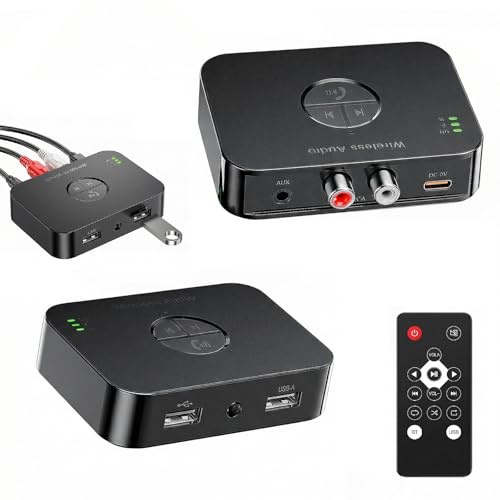 Bluetooth 6.0-adapter för stereoanläggning, Bluetooth-sändare med 3,5 mm AUX-adapter, RCA-kabel, fjärrkontroll, blå HiFi-ljudsändare, för högtalare, projektorer, BT-förstärkare