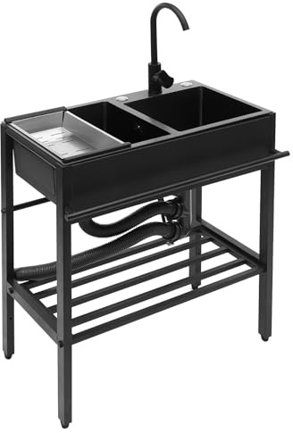 OUKANING Lavello da cucina autoportante, 2 vasche con rubinetto e ripiano, 72 cm, in acciaio inox, nero, con piedini regolabili e troppopieno, per cucina lavanderia garage