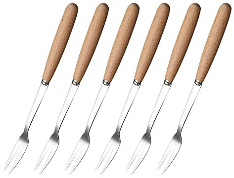 6 Pcs Wooden Handle Stainless Steel Two Prong Forks Fruit Cake Appetizer Forks