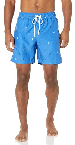 Amazon Essentials Bañador de 18cm con Forro de Malla, Bolsillos y Cierre con Cordón Hombre, Azul Estampado de Anclas, M
