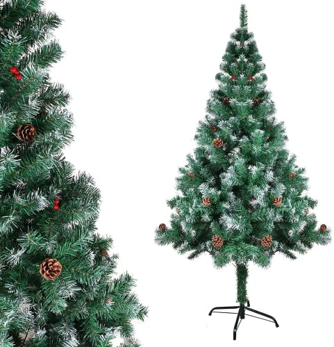 Gotoll Árbol de Navidad Artificial de Pino 120cm,200 Ramas con Soporte Metálico Árbol Navideña de PVC Abeto con Piñas y Bayas de Navidad Decoración Navideña Interiores y Exteriores(Verde)