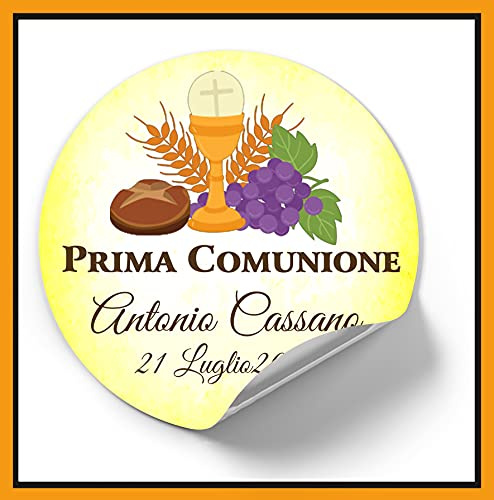 Mr Pubblicità - n. 100 Adesivi Prima Comunione, Stampa inclusa PERSONALIZZALO QUI con nome, frase, data, etichette adesive per inviti, scatolini, sacchetti, bomboniere, regalini