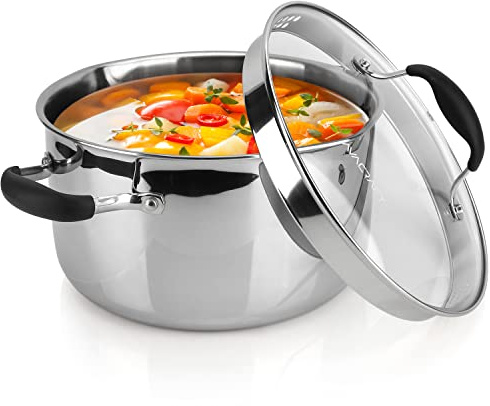 AVACRAFT Tri-Ply Stainless Steel Stockpot with Glass Strainer Lid, Side Spouts, 6 Quart Pot, Multipurpose Stock Pot, Sauce Pot (Tri-Ply Full Body, 6QT)