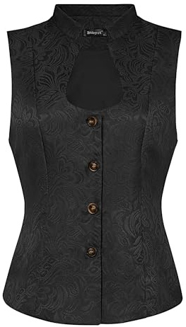 Allegra K Damen Trachtenmieder Dirndl Anzugweste Ärmellos U-Ausschnitt Einreihige Steampunk Jacquard Weste Schwarz XL
