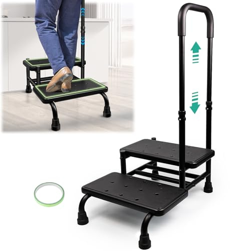 Gyykzz 2 Step Stool with Handle, Height Adjustable Stepping Stool, Step Foot Stool with Non-Skid Platform & Luminous Strip, Holds up to 400 Pounds for Kitchen, RV, Car, Bathtub