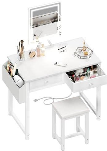 Lufeiya Small Makeup Vanity Desk with Fabric Drawers, 32 inch White Vanity Desks with Mirror and Light, Dressing Table and Chair Set with Power Outlet for Girls Bedroom, White