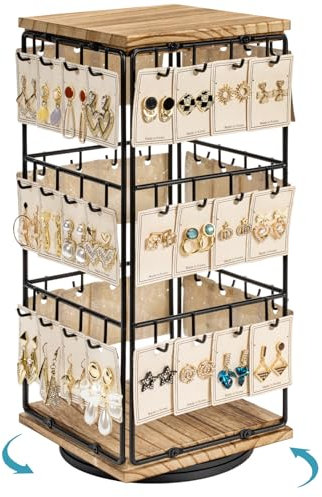 Emfogoo 360° Rotating Earring Display Stand for Vendors Selling, 48 Hooks Jewellery Display Rack with Wooden Base, Earring Storage Organiser for Earring Cards, Women Girls Gifts