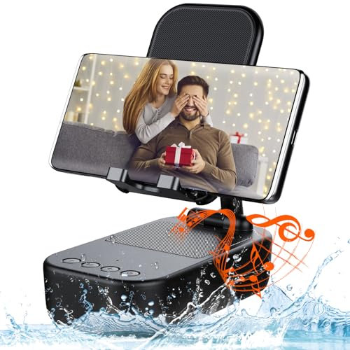 Bluetooth Lautsprecher mit Handyständer,HD-Surround-Sound Bluetooth Box,IP7 Wasserdichter Lautsprecher,Verstellbarer Handyhalter&Tragbarer Musikbox kompatibel mit Phone/Pad,Geschenke für Männer Frauen