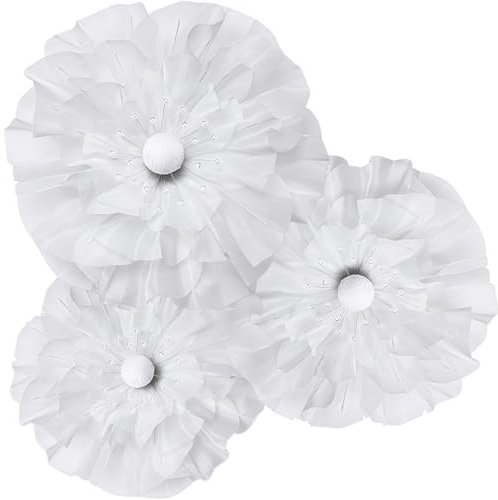 Rainbows & Lilies Giant Flowers for Decoration - 3D Artificial Flowers Wall Decor for Weddings, Bridal Parties, Baby Showers, Events, Nursery Decor, Backdrop - 3 Big Organza White Flowers (16/18/20in)