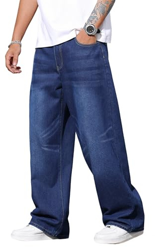 Zewool Jeans Baggy Hip hop pour Hommes,Jeans Skater à Jambe Large,Pantalons en Denim à Coupe Loose,Streetwear Jambe Droite Coupe relaxée Y2K extrême liberté de Mouvement Skateboard,B10 Bleu Moyen,M