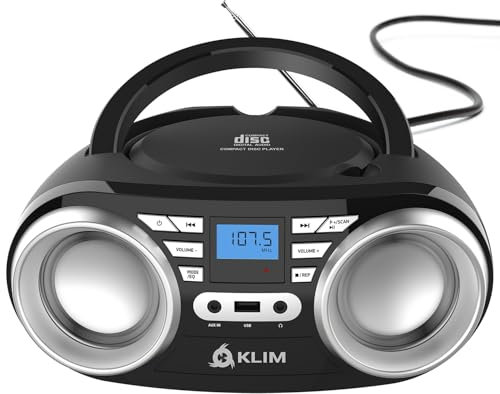 KLIM B3 Boombox Reproductor de CD Portatil con Radio FM, Bluetooth, USB y AUX: Altavoces Duales, Efectos de Sonido EQ, 20 Emisoras Presintonizadas, Compacto y Ligero