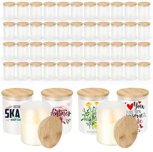 CHLJAR 10 OZ Sublimation Glass Tealight Candle Holder with Bamboo Lids, 50 PCS Sublimation Frosted Glass Jar for Christmas, New Year, Wedding, Birthday Party, Family Gathering