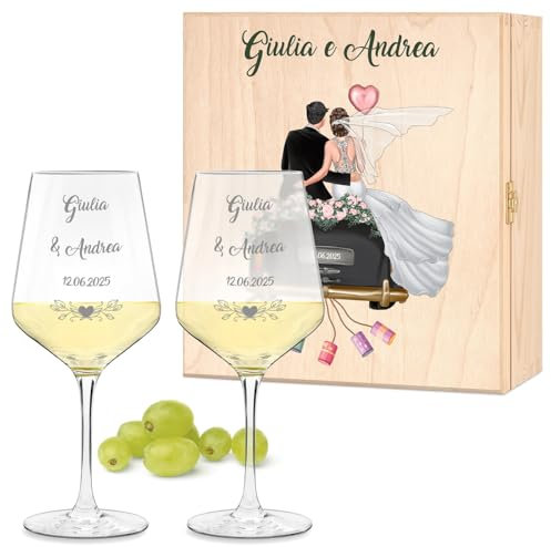 Maverton Calici Vino x2 Personalizzati - Bicchieri Vino Rosso o Vino Bianco 490 ml - Incisi per Lei e Lui - Scatola Legno Personalizzata - Regalo per Sposi e Coppia - Regali Personalizzati