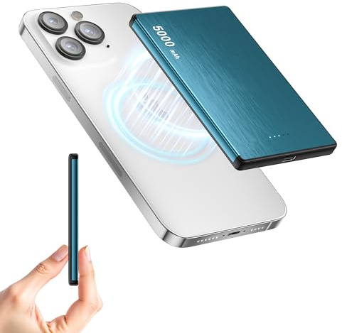 Drahtloses tragbares Ladegerät, 5000 mAh schlankes magnetisches Powerbank-Ladegerät, PD 20 Schnellladen,Magnetische Akku,Magnetische Powerbank Klein， für Smartphones 17/16 Pro Max/15/14/13/12, (Blau)