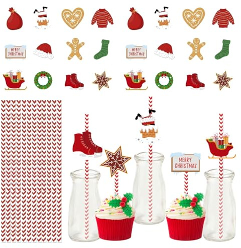 Satiskid 24 Stück Weihnachts Papierstrohhalme 12 Stile Biologisch Einweg Strohhalme Papier Weihnachts Pappstrohhalme Trinkhalme Für Cocktails, Partys, Catering
