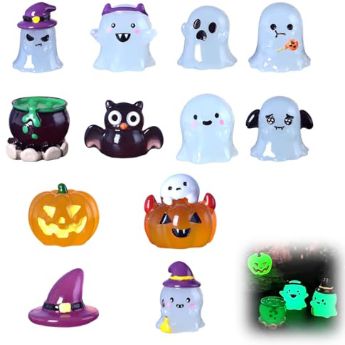 LONZIKP 12 pezzi miniature per Halloween, luminosi al buio, piccole statuette in resina, Mini bambole carine e Decorazioni di Halloween, ideali per Bambini, da nascondere, per accompagnare le feste