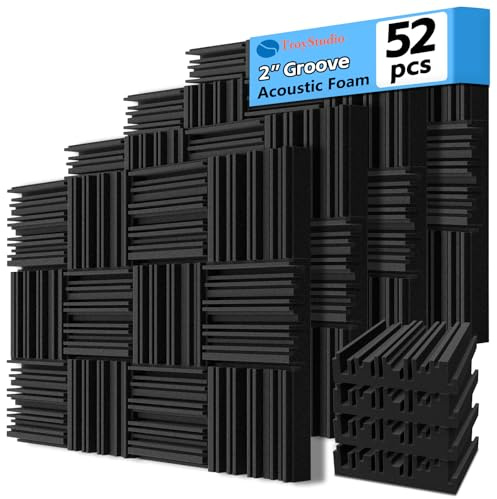 TroyStudio Thick Acoustic Foam Panels, 12 X 12 X 2 Inch 52 Pcs Broadband Sound Absorbing Foam, Dense Soundproof Padding Tile, Recording Studio Foam Absorber, Groove Decorative 3D Wall Ceiling Panel