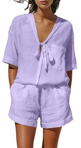 Conjunto Mujer Verano Algodón y Lino Conjunto Corto de 2 Piezas Chándal Completo Casual Cuello V Camiseta Manga Corta con Bolsillo y Pantalon Corto Color Sólido Cómodo Traje para Vacaciones Playa