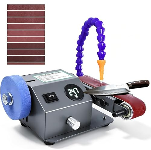 GYKOZY Levigatrice da banco a Umido, affilacoltelli elettrica con Mola lucidante e 10 Nastri abrasivi, Display Digitale LCD, per levigare e lucidare Metallo e Legno.