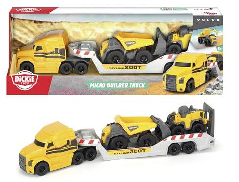 Dickie QDKT062100 Toys Volvo Mack Truck, mit 2 Volvo Fahrzeugen auf Anhänger, Muldenkipper & Radlader, Anhänger zum Abkoppeln, bewegliche Teile, 32 cm Gesamtlänge, Sandkasten, gelb/grau