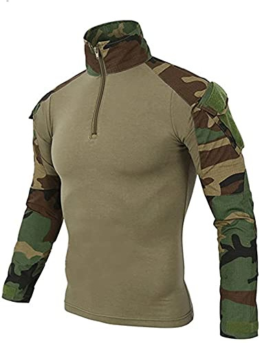 Uugood Chemise de Combat Militaire Tactique Homme - T-Shirt à Manches Longues Camouflage pour Chasse, Airsoft, Randonnée, Paintball - Des Bois, L
