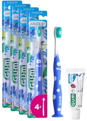 GUM Junior-Zahnbürste, für Kinder im Alter von 6–9 Jahren, gepolsterter Kopf, weiche Borsten, rutschfester Griff, Saugnapf, 1 Stück, 4 x 1 Stück (mit 1 Bonusprobe)