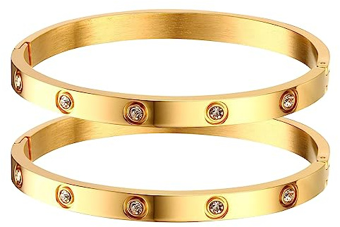 MPRAINBOW Gold Bracelets for Women - 2Pcs 18K Gold Plated Cubic Zirconia Bangle Crystal Friendship Bracelet Jewelry,Wedding Party Christmas Valentine's Day