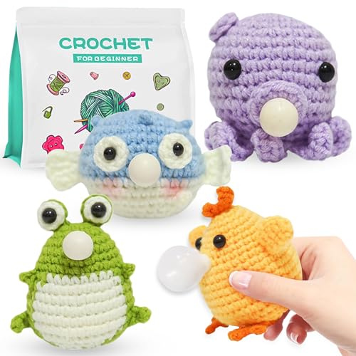BoloShine Crochet Kits for Beginners Adults, DIY Keychains Crafts Knitting Set with Hooks and Yarns Soft Cute Stuffing with Crocheting Video Tutorials (4 Set)