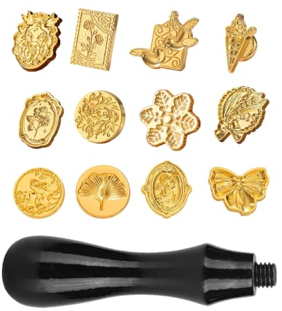 VIVIIHOO Siegelstempel Set, 12 Stück Wachs Stempel inkl. Holzgriff, siegelwachs Stempel für Umschlag Einladung Brief Geschenkverpackung, wachsstempel personalisiert mit klassischen Mustern