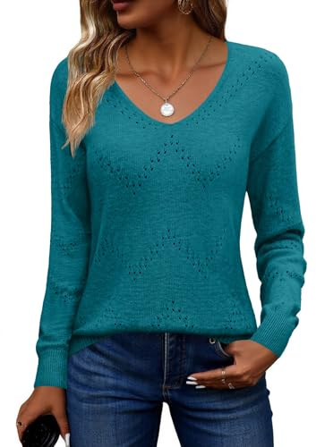 Zeagoo Pull Femme Élégant Col en V Ajourné Manches Longues Décontracté Haut pour Automne Hiver Bleu XXL