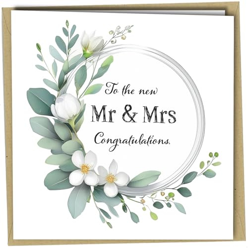 Oscar Finks Wedding Card Mr and Mrs Congratulations Eucalyptus Floral Wreath Elegant Bride Groom Marriage Greeting with Envelope #1684