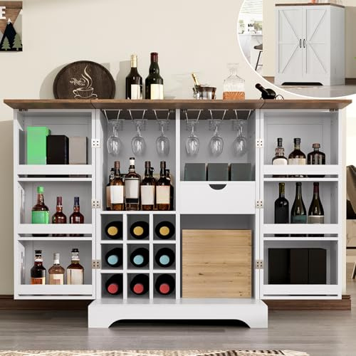 AMERLIFE 61 Farmhouse Bar Cabinet with 9 Wine Racks, Folding Storage Wine Liquor Cabinet, Expandable Coffee Bar Station with Drawer, Mini Bar, Home Bar for Kitchen Dining Room, Rustic White